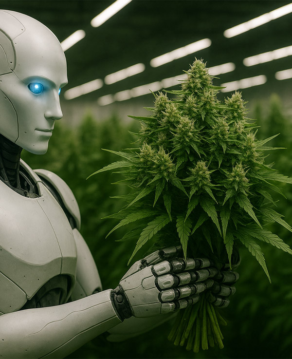 AI in cannabis cultivation: Healthy vs. pest-affected leaf, highlighting AI detection.