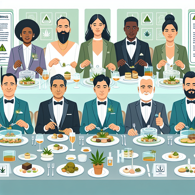 guests being served a cannabis-infused gourmet meal with a warning label