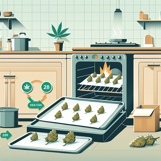 cannabis buds on a parchment-lined baking sheet being decarboxylated in an oven