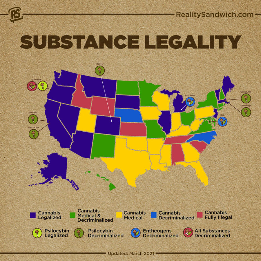 Infographic showing the legality of cannabis usage across different states