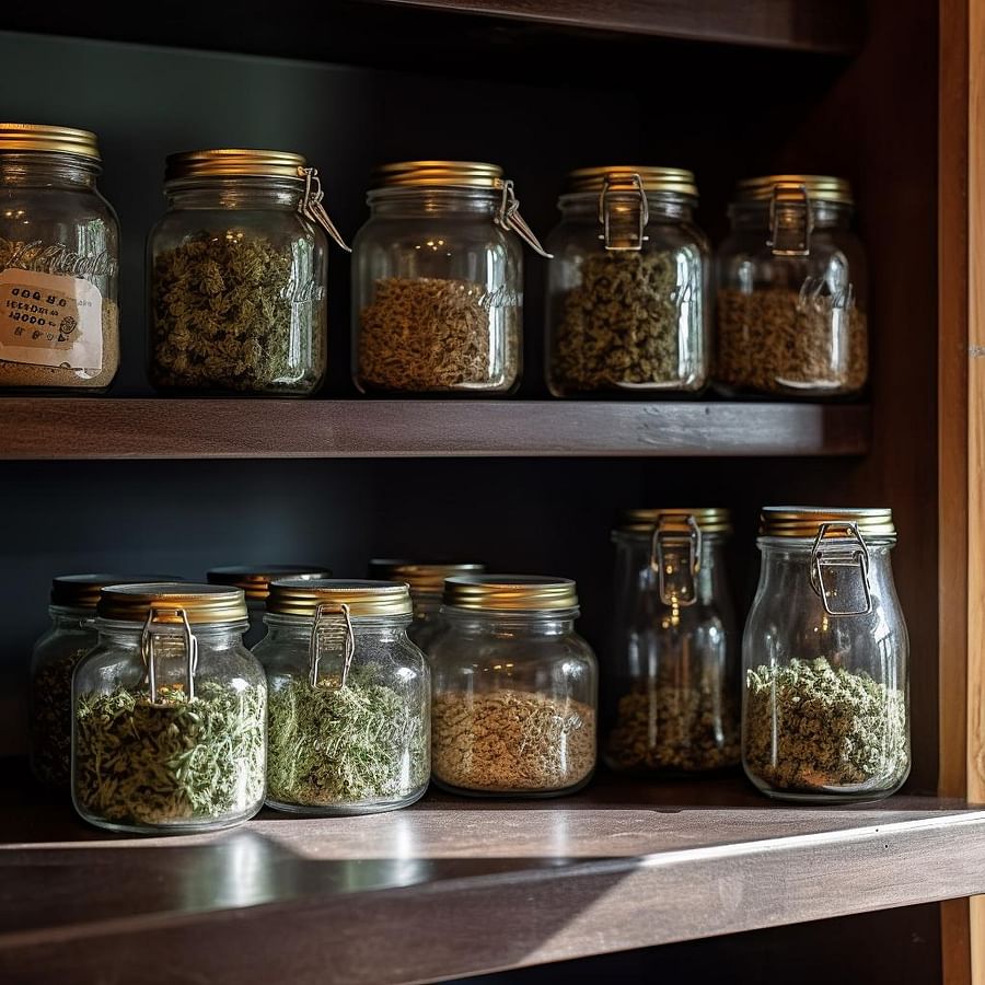 Cannabis storage containers and jars on a shelf