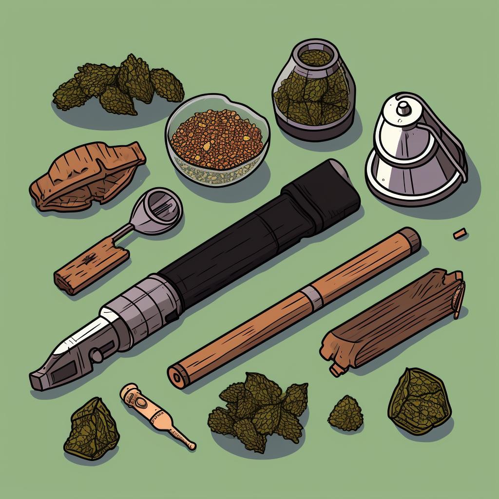 A flat lay of Moon Rock Weed, a pipe, a grinder, and a lighter