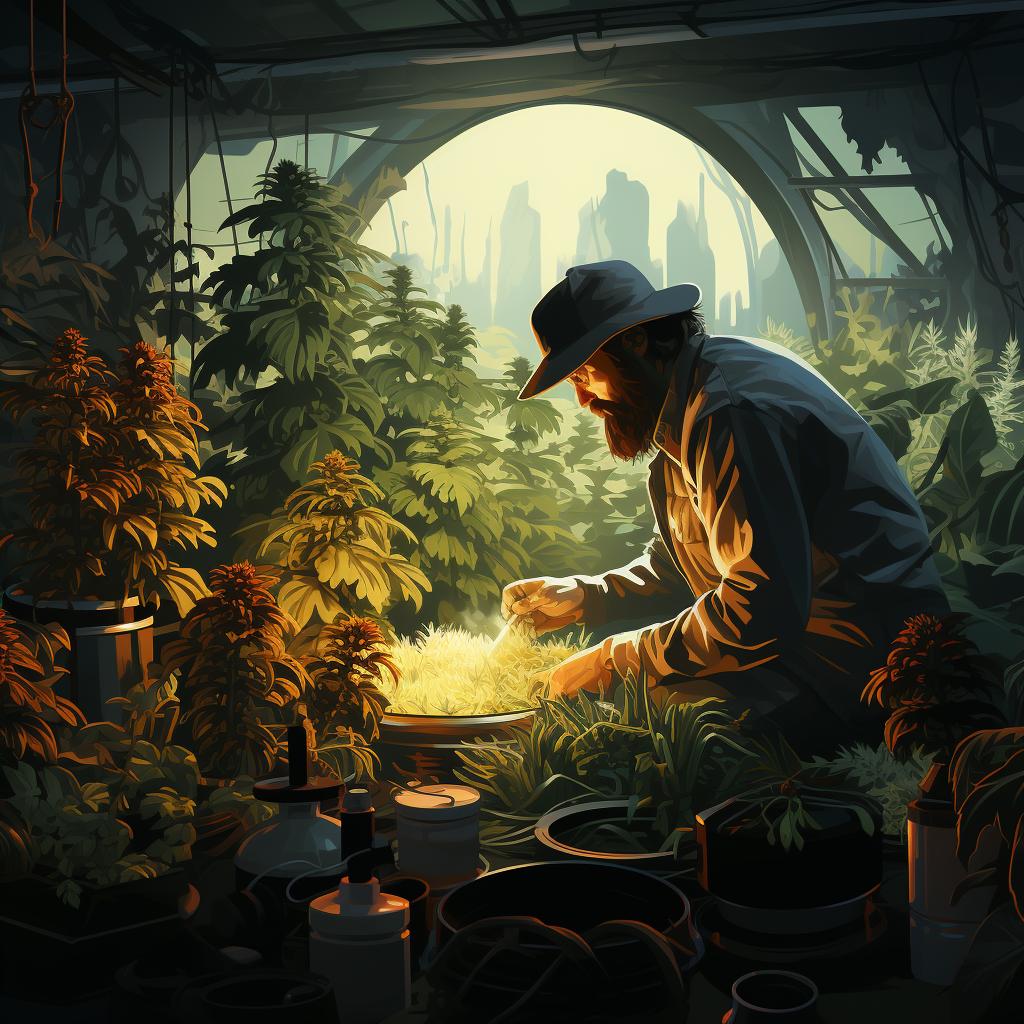 A person inspecting cannabis plants for pests in a backyard garden